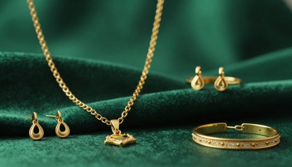 A beautifully arranged close-up scene featuring elegant gold jewelry, including necklaces, earrings, and bracelets, set against a rich bottle green background. The foreground showcases the intricate details of the gold pieces, reflecting light softly to create a warm and inviting atmosphere. The middle layer includes subtle textures like velvet or silk, enhancing the luxurious feel of the composition. The background should be a smooth gradient of deep green, allowing the gold accessories to stand out prominently. Soft, diffused lighting should create gentle shadows, adding depth and dimension to the image, evoking a sense of sophistication and style perfect for complementing a green dress. A beautifully arranged close-up scene featuring elegant gold jewelry, including necklaces, earrings, and bracelets, set against a rich bottle green background. The foreground showcases the intricate details of the gold pieces, reflecting light softly to create a warm and inviting atmosphere. The middle layer includes subtle textures like velvet or silk, enhancing the luxurious feel of the composition. The background should be a smooth gradient of deep green, allowing the gold accessories to stand out prominently. Soft, diffused lighting should create gentle shadows, adding depth and dimension to the image, evoking a sense of sophistication and style perfect for complementing a green dress.