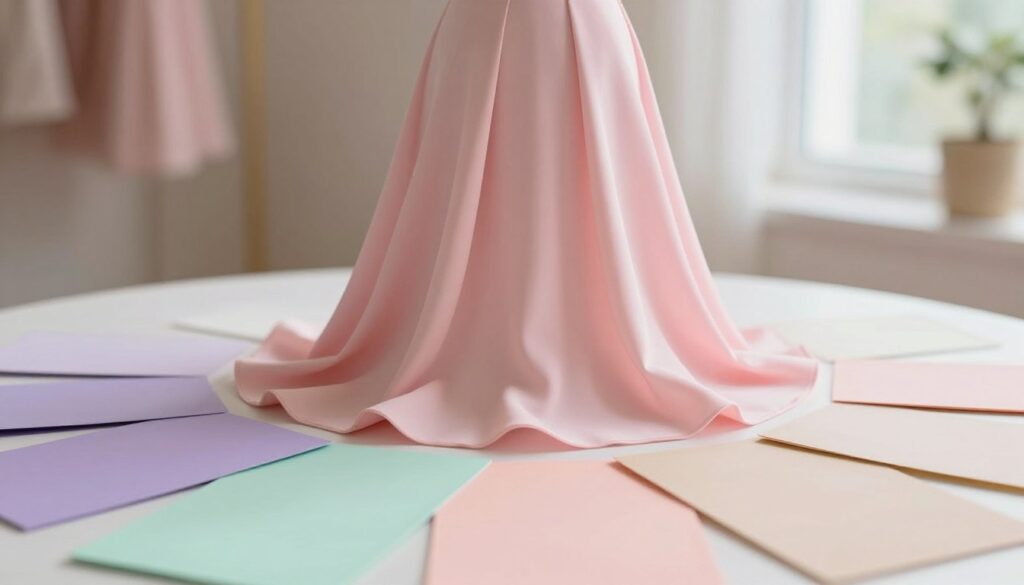 A beautifully arranged color palette featuring various shades complementing a pink dress. In the foreground, display soft swatches of pastel colors like lavender, mint green, peach, and beige, artistically arranged around an elegant pink dress draped on a mannequin. In the middle, the dress is subtly illuminated by warm, soft lighting that highlights its fabric texture and flow. The background is a gently blurred interior space with soft, natural light filtering through a window, creating a serene, inviting atmosphere. The overall mood should feel stylish and harmonious, making it clear that the focus is on color coordination suitable for accessorizing a pink dress.