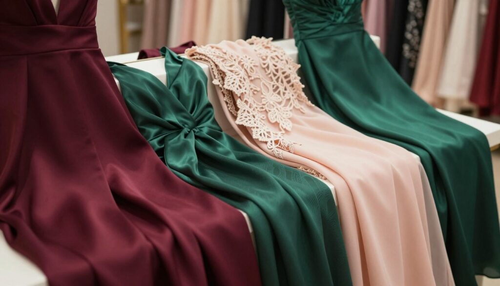 A beautifully arranged display of various high-quality fabrics suitable for a prom dress, featuring silk, chiffon, and satin in a harmonious blend of rich colors like deep burgundy, emerald green, and soft blush. The foreground showcases flowing drapery, highlighting intricate textures and patterns. In the middle, elegant swatches are artfully folded and layered, with delicate lace and embroidery visible. The background is softly blurred, creating a warm and inviting atmosphere with soft, diffused lighting that highlights the sheen of the materials. Capture the essence of elegance and sophistication, evoking a sense of style and modern trends, suitable for a formal occasion. The overall mood is refined and trendy, ideal for inspiring prom dress choices.