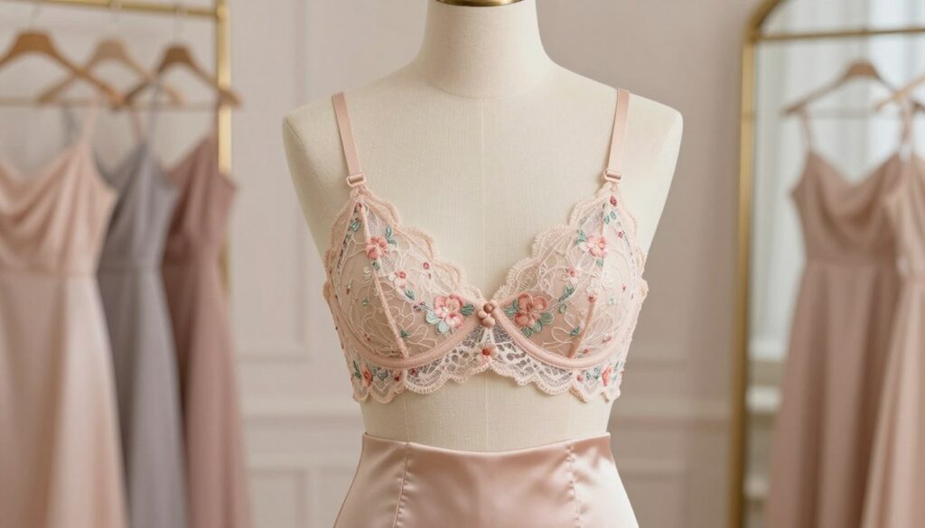 A beautifully designed decorative backless bra, intricately crafted with lace and floral embroidery, elegantly displayed on a mannequin. The bra should feature delicate straps that showcase its charm, capturing the essence of sophisticated fashion. The foreground includes a softly draped silk dress in a complementary color, hinting at how the bra would seamlessly integrate into a stylish outfit. The background is a softly lit dressing room adorned with soft pastel colors, providing a chic yet inviting atmosphere. Gentle, diffused lighting highlights the textures of the lace and fabric, while maintaining a polished look. The composition evokes a sense of elegance and refined style, suitable for a fashion-conscious audience. A beautifully designed decorative backless bra, intricately crafted with lace and floral embroidery, elegantly displayed on a mannequin. The bra should feature delicate straps that showcase its charm, capturing the essence of sophisticated fashion. The foreground includes a softly draped silk dress in a complementary color, hinting at how the bra would seamlessly integrate into a stylish outfit. The background is a softly lit dressing room adorned with soft pastel colors, providing a chic yet inviting atmosphere. Gentle, diffused lighting highlights the textures of the lace and fabric, while maintaining a polished look. The composition evokes a sense of elegance and refined style, suitable for a fashion-conscious audience.