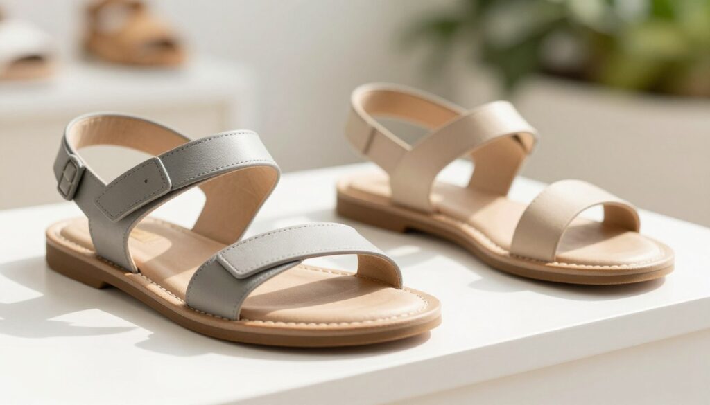 A brightly lit display of two pairs of stylish sandals, one pair noticeably larger than the other, set on a clean, white surface. The larger pair is slightly oversized, with ample space in front of the toes and at the heel, while the correctly sized pair fits snugly. In the background, a soft blurred effect creates a warm, inviting atmosphere with a hint of greenery to suggest an outdoor setting. Focus on capturing the contrast between the two sizes, highlighting the importance of proper fit. Use a shallow depth of field to emphasize the sandals in the foreground while keeping the background subtly fading. The lighting is natural, simulating a sunny day, enhancing colors and textures of the footwear. A brightly lit display of two pairs of stylish sandals, one pair noticeably larger than the other, set on a clean, white surface. The larger pair is slightly oversized, with ample space in front of the toes and at the heel, while the correctly sized pair fits snugly. In the background, a soft blurred effect creates a warm, inviting atmosphere with a hint of greenery to suggest an outdoor setting. Focus on capturing the contrast between the two sizes, highlighting the importance of proper fit. Use a shallow depth of field to emphasize the sandals in the foreground while keeping the background subtly fading. The lighting is natural, simulating a sunny day, enhancing colors and textures of the footwear.