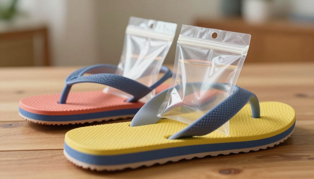 A close-up composition of rubber flip-flops resting on a wooden surface, with two transparent water-filled bags placed carefully inside each sandal to illustrate the stretching method. In the foreground, the flip-flops are vibrant in color, showcasing their textured straps. The middle layer features a clear focus on the water bags, which appear slightly distorted, reflecting light beautifully. The background is softly blurred, revealing a cozy, well-lit indoor setting with warm ambient lighting that highlights the scene's practicality. The overall mood is calm and informative, emphasizing a DIY approach to comfort and footwear adjustments. A close-up composition of rubber flip-flops resting on a wooden surface, with two transparent water-filled bags placed carefully inside each sandal to illustrate the stretching method. In the foreground, the flip-flops are vibrant in color, showcasing their textured straps. The middle layer features a clear focus on the water bags, which appear slightly distorted, reflecting light beautifully. The background is softly blurred, revealing a cozy, well-lit indoor setting with warm ambient lighting that highlights the scene's practicality. The overall mood is calm and informative, emphasizing a DIY approach to comfort and footwear adjustments.