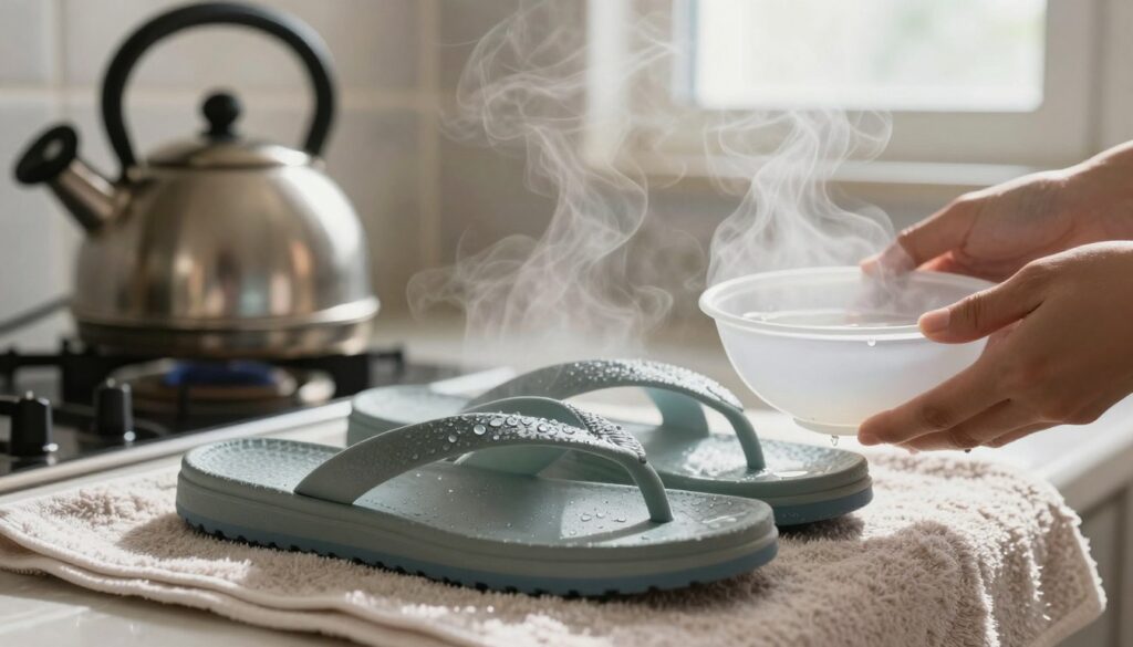 A close-up image depicting a pair of rubber flip-flops being gently stretched using steam and hot water. In the foreground, a hand holding a small bowl of steaming water is visible, with wisps of steam rising dramatically. The flip-flops are placed on a soft towel, slightly wrinkled to indicate warmth, with water droplets glistening on their surface. In the middle ground, a kettle is steaming on a stove, suggesting warmth and heat. The background features a cozy and inviting bathroom setting, softly illuminated by natural light filtering through a frosted window, creating a warm atmosphere. The overall mood conveys a sense of practical home care and comfort, making it clear that this is a method for stretching tight footwear. A close-up image depicting a pair of rubber flip-flops being gently stretched using steam and hot water. In the foreground, a hand holding a small bowl of steaming water is visible, with wisps of steam rising dramatically. The flip-flops are placed on a soft towel, slightly wrinkled to indicate warmth, with water droplets glistening on their surface. In the middle ground, a kettle is steaming on a stove, suggesting warmth and heat. The background features a cozy and inviting bathroom setting, softly illuminated by natural light filtering through a frosted window, creating a warm atmosphere. The overall mood conveys a sense of practical home care and comfort, making it clear that this is a method for stretching tight footwear.