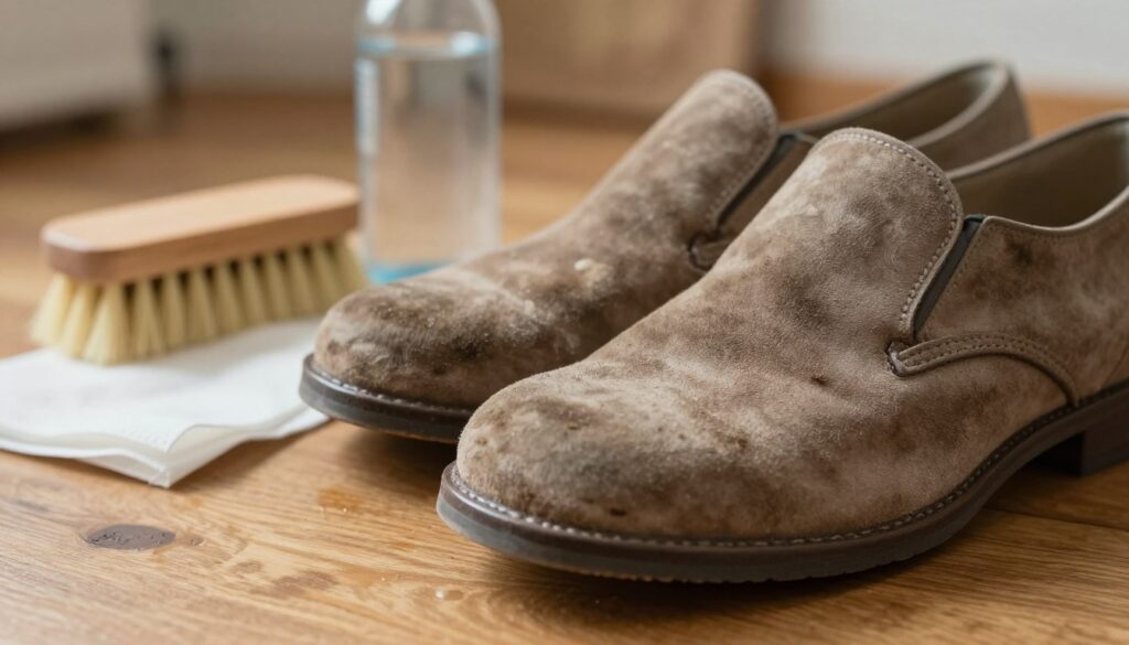 A close-up image of a pair of worn-out suede shoes on a wooden surface, showcasing common cleaning mistakes. In the foreground, emphasize the details of the damaged suede with visible stains and water spots, highlighting improper cleaning methods. The middle layer includes cleaning tools like a stiff brush, a bottle of water, and paper towels, all positioned haphazardly to represent poor care choices. The background features a blurred, softly lit room, suggesting a cozy but chaotic cleaning environment. The lighting should create subtle shadows, enhancing the texture of the suede, while a warm atmosphere conveys the consequences of neglect. Overall, the image should evoke a sense of caution and awareness regarding proper suede maintenance.