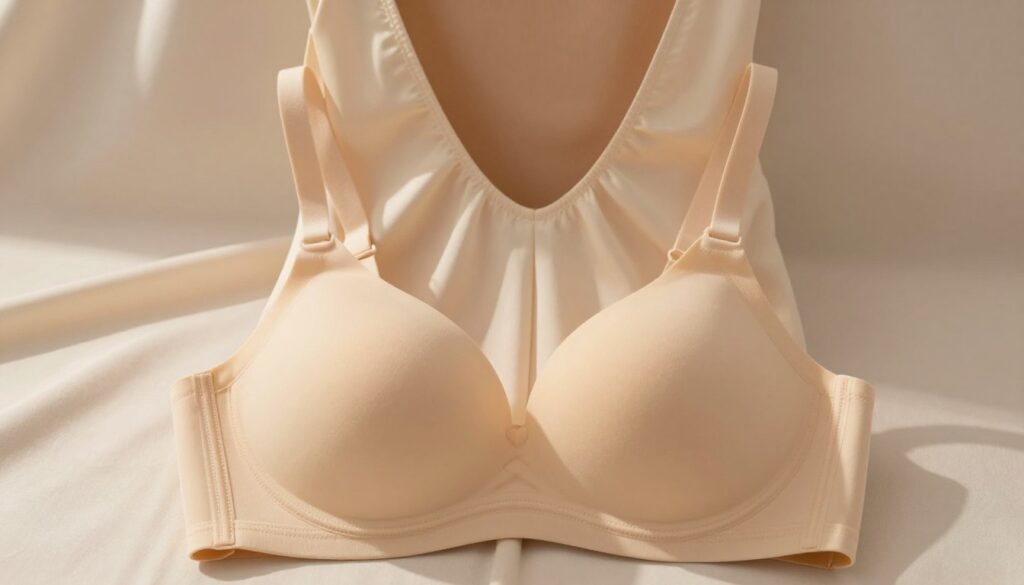 A close-up image of a stylish, strapless, self-adhesive bra designed for wearing under a dress with an open back. The foreground features the bra, elegantly displayed on a soft, light-colored fabric background, emphasizing its seamless design and discreet functionality. In the middle, a smooth silhouette of a flowing evening dress hangs gracefully, showcasing how the bra pairs perfectly with exposed back designs. The lighting is warm and softly diffused, creating a flattering highlight on the bra's surface while casting gentle shadows to emphasize its contours. The atmosphere is sophisticated and inviting, evoking a sense of elegance and comfort for the wearer. No human figures are present, ensuring a focus on the garment itself. A close-up image of a stylish, strapless, self-adhesive bra designed for wearing under a dress with an open back. The foreground features the bra, elegantly displayed on a soft, light-colored fabric background, emphasizing its seamless design and discreet functionality. In the middle, a smooth silhouette of a flowing evening dress hangs gracefully, showcasing how the bra pairs perfectly with exposed back designs. The lighting is warm and softly diffused, creating a flattering highlight on the bra's surface while casting gentle shadows to emphasize its contours. The atmosphere is sophisticated and inviting, evoking a sense of elegance and comfort for the wearer. No human figures are present, ensuring a focus on the garment itself.