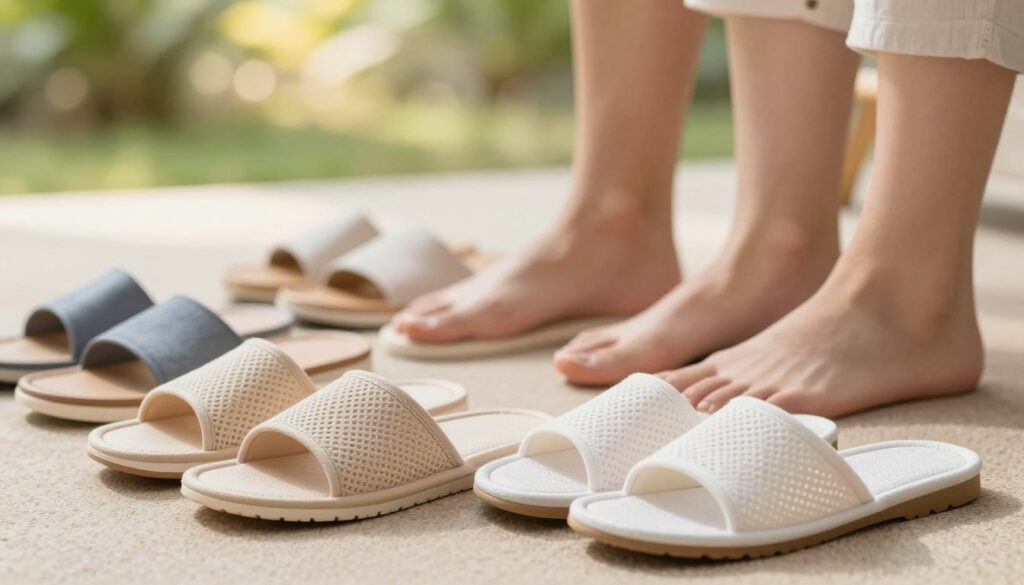 A close-up image showcasing a selection of stylish summer slippers tailored to different foot shapes, arranged neatly on a soft, natural-textured surface. In the foreground, include a variety of slippers made from breathable materials like cotton and lightweight mesh, highlighting their ergonomic designs. In the middle ground, show a subtle representation of diverse foot shapes beside the slippers to illustrate the concept of fitting comfort. The background should be a blurred outdoor setting, evoking a warm, sunny day with gentle sunlight filtering through green foliage, creating a comfortable and inviting atmosphere. The lighting should be soft and natural, emphasizing the texture and color of the slippers, while maintaining a clean and professional aesthetic without any distractions or text elements.