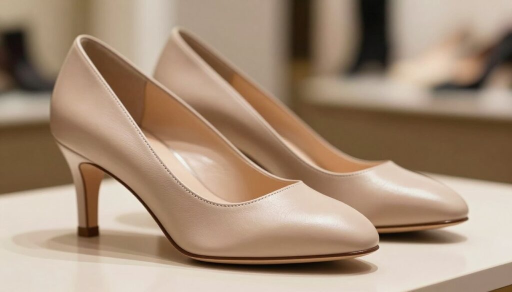 A close-up of a pair of elegant women's shoes, showcasing high-quality craftsmanship. The shoes are made from fine leather, with intricate stitching and subtle embellishments that highlight the attention to detail. Set on a soft, neutral surface that reflects warm, natural lighting to enhance the textures and colors of the shoes. In the background, a blurred abstract representation of a boutique setting adds depth and context, conveying a sense of luxury and refinement. The image captures a mood of sophistication and professionalism, with a focus on the shoes as the centerpiece of quality and design excellence. The angle is slightly tilted, emphasizing the shape and elegance of the footwear, inviting the viewer to appreciate the quality craftsmanship.