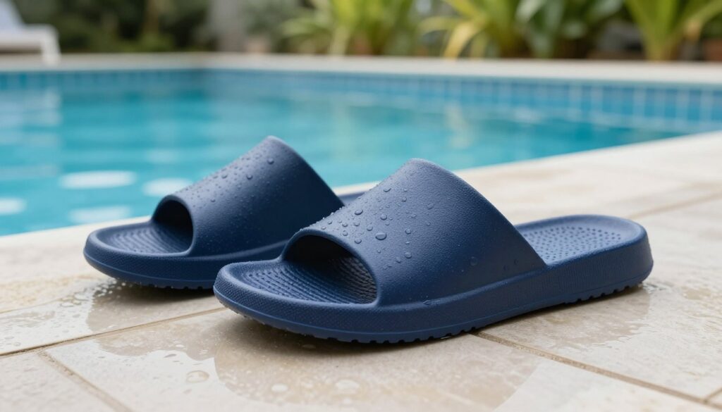 A close-up of a pair of high-quality, slip-resistant pool slippers designed for safety and hygiene. The slippers should be made of durable, water-resistant material, showcasing their textured soles for superior grip on wet surfaces. In the foreground, display the slippers on a clean, tiled pool deck, glistening with water droplets that highlight their use in a swimming pool environment. The background features a well-maintained swimming pool with clear blue water and vibrant poolside greenery. Use soft, natural lighting to create a calm and inviting atmosphere, capturing a sense of cleanliness and comfort. The angle should be slightly from above to emphasize the slippers' design and functionality, focusing on details that enhance the concept of safety around water. A close-up of a pair of high-quality, slip-resistant pool slippers designed for safety and hygiene. The slippers should be made of durable, water-resistant material, showcasing their textured soles for superior grip on wet surfaces. In the foreground, display the slippers on a clean, tiled pool deck, glistening with water droplets that highlight their use in a swimming pool environment. The background features a well-maintained swimming pool with clear blue water and vibrant poolside greenery. Use soft, natural lighting to create a calm and inviting atmosphere, capturing a sense of cleanliness and comfort. The angle should be slightly from above to emphasize the slippers' design and functionality, focusing on details that enhance the concept of safety around water.