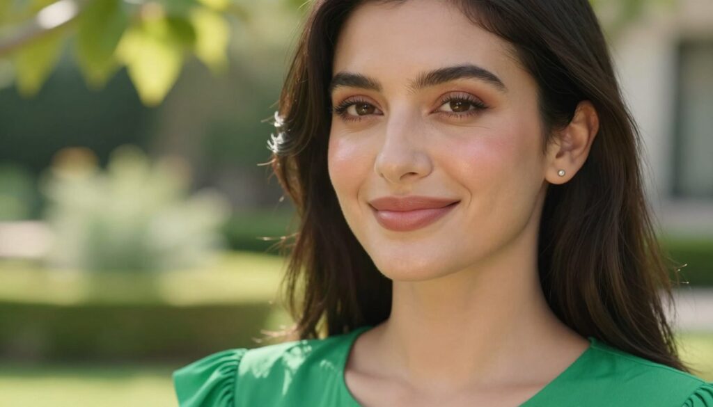 A close-up portrait of a woman with a natural, daytime makeup look, perfectly complementing a vibrant green dress. The foreground features her smiling face with soft, earthy tones in her eye makeup and a light pink lip. Highlights on her cheekbones reflect a healthy glow. The middle layer shows her wearing delicate accessories like small stud earrings, enhancing her elegance. In the background, a blurred garden scene with soft, natural lighting adds a serene atmosphere, with gentle sunlight filtering through leaves, creating an inviting ambiance. The image captures a fresh, effortless style suitable for daytime, emphasizing beauty and simplicity in harmony with the green dress. A close-up portrait of a woman with a natural, daytime makeup look, perfectly complementing a vibrant green dress. The foreground features her smiling face with soft, earthy tones in her eye makeup and a light pink lip. Highlights on her cheekbones reflect a healthy glow. The middle layer shows her wearing delicate accessories like small stud earrings, enhancing her elegance. In the background, a blurred garden scene with soft, natural lighting adds a serene atmosphere, with gentle sunlight filtering through leaves, creating an inviting ambiance. The image captures a fresh, effortless style suitable for daytime, emphasizing beauty and simplicity in harmony with the green dress.