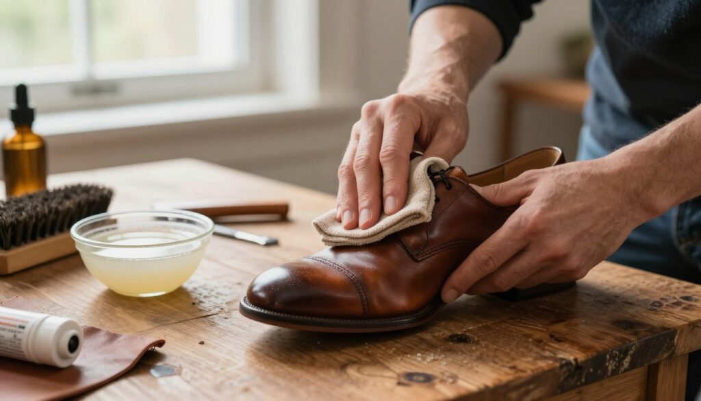 A close-up scene of a skilled individual meticulously cleaning leather shoes, set on a rustic wooden table. In the foreground, focus on the person’s hands, gently applying a soft cloth to the surface of a polished brown leather shoe, showcasing the removal of dirt and stains. Include a small bowl of natural cleaning solution and a brush nearby, highlighting the DIY cleaning aspect. In the background, soft, diffused natural light streams through a window, creating a warm, inviting atmosphere. The floor is slightly cluttered with cleaning materials, such as leather conditioner and a few accessories, adding to the homey feel. The mood is calm and focused, emphasizing the care taken in maintaining leather footwear. A close-up scene of a skilled individual meticulously cleaning leather shoes, set on a rustic wooden table. In the foreground, focus on the person’s hands, gently applying a soft cloth to the surface of a polished brown leather shoe, showcasing the removal of dirt and stains. Include a small bowl of natural cleaning solution and a brush nearby, highlighting the DIY cleaning aspect. In the background, soft, diffused natural light streams through a window, creating a warm, inviting atmosphere. The floor is slightly cluttered with cleaning materials, such as leather conditioner and a few accessories, adding to the homey feel. The mood is calm and focused, emphasizing the care taken in maintaining leather footwear.