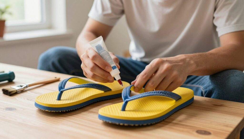 A close-up shot of a person sitting at a well-lit wooden table, focused on repairing a pair of broken rubber flip-flops. The person, casually dressed in a plain t-shirt and jeans, uses a strong adhesive tube, with a small brush for precision application beside them. The rubber flip-flops, featuring vibrant colors, are positioned prominently in the foreground, showing the cracked areas being carefully aligned. In the background, soft natural light filters in through a nearby window, casting gentle shadows and creating a warm and inviting atmosphere. The image captures a sense of diligence and craftsmanship, emphasizing the meticulous nature of the repair process.