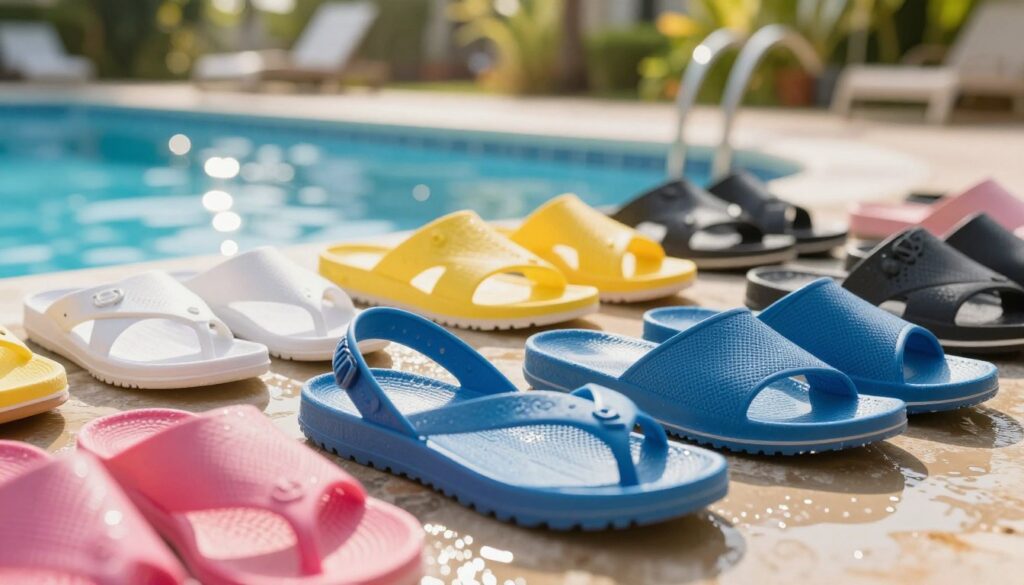 A close-up shot of a variety of pool sandals displayed on a smooth, glistening wet surface, showcasing different materials and textures that highlight their water-resistant properties. The foreground features brightly colored sandals made of durable rubber, lightweight EVA foam, and quick-drying mesh, emphasizing their comfort and safety features. In the middle ground, a sunlit pool area is visible, enhancing the vibrant colors of the sandals with shimmering reflections. The background includes blurred greenery, suggesting a tropical environment that complements the scene. The lighting is bright and warm, creating an inviting atmosphere, perfect for summer leisure. The overall mood is casual and refreshing, capturing the essence of poolside relaxation while illustrating the importance of material choice for comfort and quick drying. A close-up shot of a variety of pool sandals displayed on a smooth, glistening wet surface, showcasing different materials and textures that highlight their water-resistant properties. The foreground features brightly colored sandals made of durable rubber, lightweight EVA foam, and quick-drying mesh, emphasizing their comfort and safety features. In the middle ground, a sunlit pool area is visible, enhancing the vibrant colors of the sandals with shimmering reflections. The background includes blurred greenery, suggesting a tropical environment that complements the scene. The lighting is bright and warm, creating an inviting atmosphere, perfect for summer leisure. The overall mood is casual and refreshing, capturing the essence of poolside relaxation while illustrating the importance of material choice for comfort and quick drying.