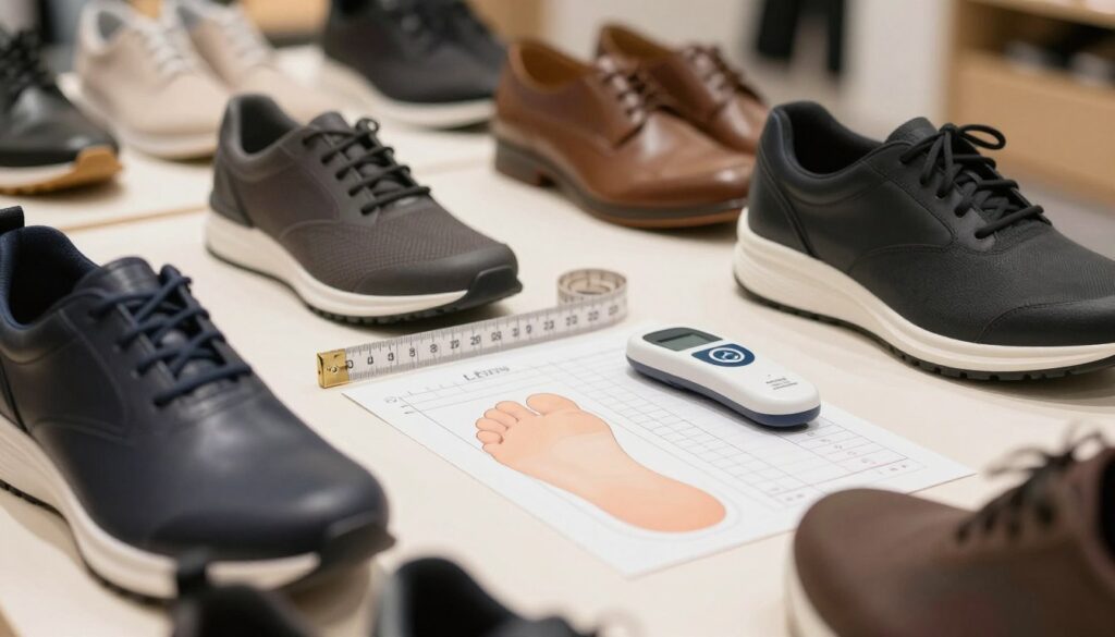 A close-up shot of a well-organized shoe fitting area displaying various pairs of Legero shoes in different sizes and widths. In the foreground, a stylish display of sleek and modern Legero footwear, showcasing their unique design features such as cushioning, support, and adaptable fit. In the middle ground, a measuring tape and foot measuring device laid out next to a guideline for shoe fitting, emphasizing size and width selection. The background features soft, diffused lighting to create a welcoming atmosphere, with a neutral color palette that enhances the shoe details. Capture the essence of comfort, quality, and fitting advice, inviting viewers to explore proper shoe selection. The image should convey a professional yet approachable vibe, ideal for informative content.