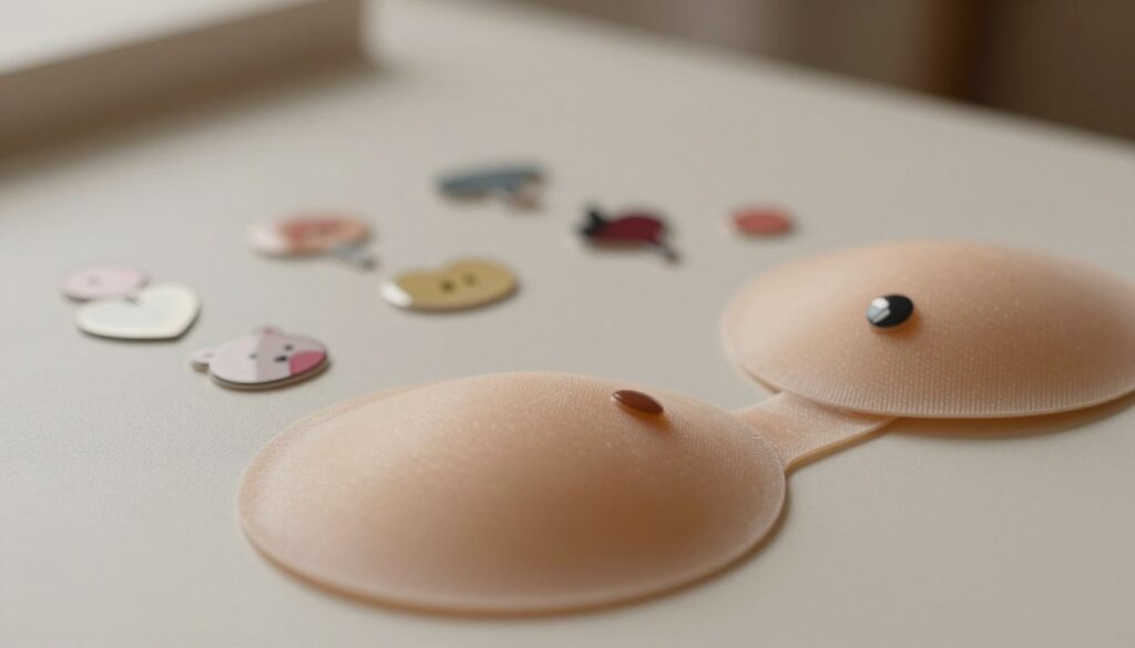 A close-up shot of elegant breast tape and stylish nipple stickers, artistically arranged on a softly lit surface. The foreground focuses on the intricate designs of the breast tape, showcasing its adhesive quality and skin-friendly texture. The middle ground features a variety of nipple stickers in playful shapes and colors, emphasizing their versatility. The background is softly blurred, providing a neutral, calming tone that enhances the product’s aesthetics. Soft, diffused lighting illuminates the scene, creating subtle shadows and highlights that bring warmth and depth. The overall mood is chic and contemporary, appealing to fashion-conscious individuals seeking discreet solutions for backless dresses.