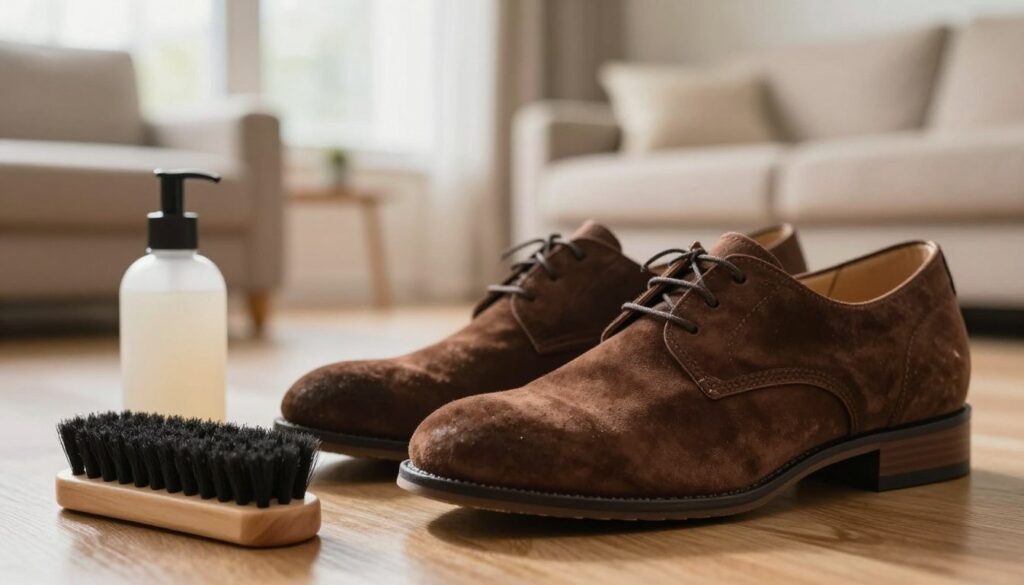 A close-up view of a pair of elegant suede shoes being refreshed in a well-lit, comfortable home setting. The foreground features a suede cleaner bottle and a soft brush placed next to the shoes, highlighting their rich texture and deep color. The middle ground showcases the shoes with a slight sheen, indicating the application of the cleaner, while the softly blurred background includes a cozy living room with warm lighting and a plush couch, creating a serene atmosphere. Soft natural light filters in through a nearby window, accentuating the details of the shoes and evoking a sense of care and rejuvenation for the footwear. The overall mood is inviting and focused on the process of revitalizing suede.