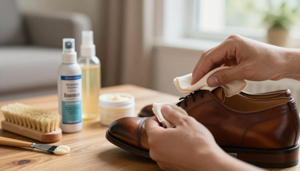 A close-up view of a pair of polished leather shoes being cared for, highlighting the process of conditioning and impregnation. In the foreground, a well-groomed hand applies a rich cream to the shoes using a soft cloth. In the middle ground, a small selection of cleaning tools and products like a brush, waterproof spray, and a container of leather conditioner are neatly arranged on a wooden surface. The background features a softly blurred home environment, suggesting warmth and comfort, with natural light streaming through a nearby window, creating an inviting and friendly atmosphere. The mood is one of attentive care and dedication to preserving the elegance of leather footwear. A close-up view of a pair of polished leather shoes being cared for, highlighting the process of conditioning and impregnation. In the foreground, a well-groomed hand applies a rich cream to the shoes using a soft cloth. In the middle ground, a small selection of cleaning tools and products like a brush, waterproof spray, and a container of leather conditioner are neatly arranged on a wooden surface. The background features a softly blurred home environment, suggesting warmth and comfort, with natural light streaming through a nearby window, creating an inviting and friendly atmosphere. The mood is one of attentive care and dedication to preserving the elegance of leather footwear.