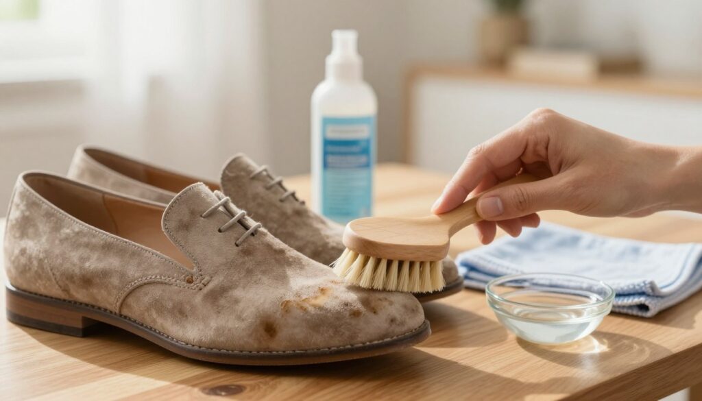 A close-up view of a pair of suede shoes with visible stains, placed on a wooden table. The foreground features a gentle hand holding a cleaning brush, delicately working on the shoe, with soft bristles gently touching the stained area. In the middle, a bottle of suede cleaner is positioned near the shoes, with a few scattered cleaning tools like a microfiber cloth and a small bowl of water. The background is softly blurred, showcasing a bright, sunlit room with a light-colored wall and elements of a cozy living space to enhance the clean and inviting atmosphere. The overall mood is calm and focused, emphasizing care and attention to detail in cleaning delicate suede material. Warm, natural lighting enhances the textures of the suede and the tools.