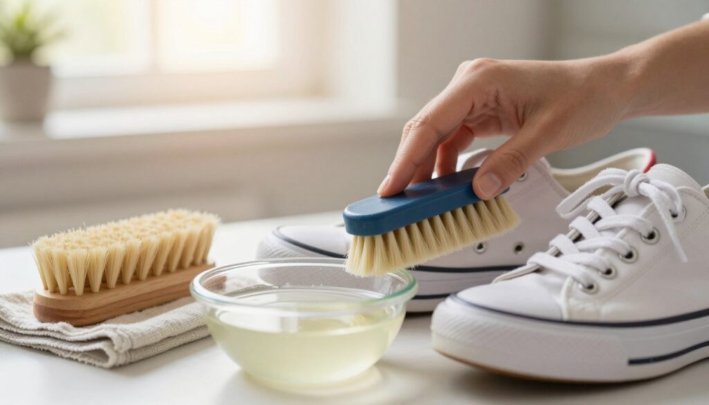 A close-up view of a person cleaning a pair of canvas sneakers and textile shoes. The foreground features a hand holding a soft-bristled brush, gently scrubbing the side of a white sneaker with colorful accents. In the middle, a small bowl filled with a gentle cleaning solution sits next to a cloth and additional brushes. The background has soft, blurred elements of a well-lit room, with natural light coming through a nearby window, casting a warm glow. The atmosphere is serene and focused, conveying care and attention to detail in shoe maintenance. There are no people visible; the focus is solely on the cleaning process and tools used.