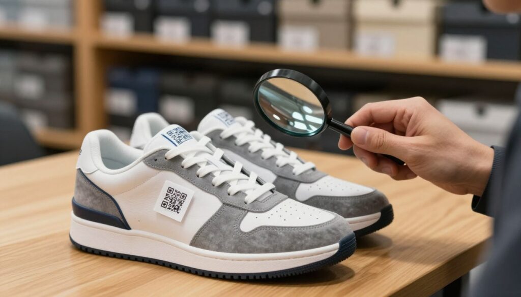 A close-up view of a person examining a pair of sneakers on a wooden table, symbolizing the process of verifying the authenticity of shoes after receiving an order. The foreground features a well-lit, high-resolution image of the sneakers, showcasing unique brand logos and stitching details. The middle ground includes hands holding a magnifying glass, inspecting labels and QR codes on the shoe. In the background, blurred shelves display various shoe boxes, conveying a retail atmosphere. The lighting is warm and inviting, creating a sense of trust and professionalism. The overall mood is focused and analytical, emphasizing the importance of authenticity verification while maintaining a casual yet professional vibe. A close-up view of a person examining a pair of sneakers on a wooden table, symbolizing the process of verifying the authenticity of shoes after receiving an order. The foreground features a well-lit, high-resolution image of the sneakers, showcasing unique brand logos and stitching details. The middle ground includes hands holding a magnifying glass, inspecting labels and QR codes on the shoe. In the background, blurred shelves display various shoe boxes, conveying a retail atmosphere. The lighting is warm and inviting, creating a sense of trust and professionalism. The overall mood is focused and analytical, emphasizing the importance of authenticity verification while maintaining a casual yet professional vibe.