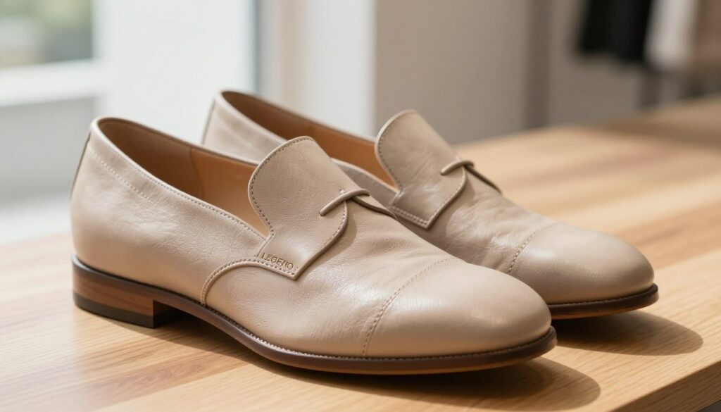 A close-up view of a stylish pair of Legero shoes made from high-quality nappa leather, emphasizing the soft texture and natural sheen of the material. The shoes should be displayed on a wooden surface, showcasing their elegant design and meticulous craftsmanship. Bright, natural lighting enhances the details, creating soft shadows that accentuate the contours of the shoes. In the background, a blurred view of a minimalist, stylish interior hints at a modern lifestyle. The overall mood is sophisticated and inviting, highlighting the premium quality and comfort that Legero footwear offers. Focus on capturing both the elegance and the versatility of these shoes in everyday settings.