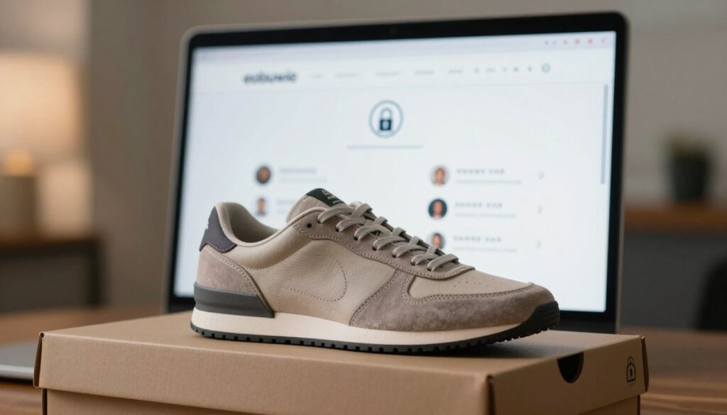 A close-up view of an online shopping interface showcasing authentic sneakers. In the foreground, a detailed image of a sneaker with distinctive branding and quality stitching placed on top of a stylish packaging box that indicates authenticity. In the middle, a softly glowing computer screen displaying the eobuwie website, highlighting security features like a lock icon and customer reviews. In the background, a blurred view of a modern room with soft lighting to create a warm and inviting atmosphere. The mood is professional and secure, emphasizing trust in online purchases, with a lens focus that conveys clarity and intimacy. The image should evoke a sense of confidence in the authenticity and safety of buying sneakers online, featuring no text or overlays.