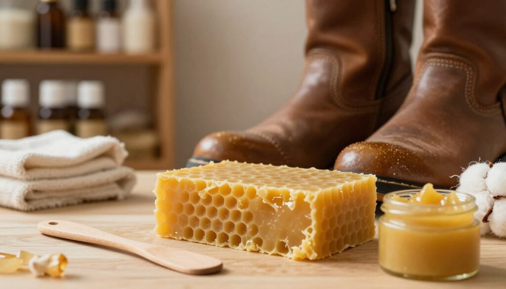 A close-up view of beeswax in its natural form, showcasing a rich golden texture, with light reflecting off its surface. In the foreground, artisanal tools such as a small wooden spatula and a cylindrical container for beeswax polish are arranged neatly, conveying a sense of craftsmanship. The middle ground features leather boots being treated with a sheen of beeswax, emphasizing the protective nature of the product against moisture. In the background, a warm, softly lit environment with wooden shelves filled with natural ingredients like essential oils and cotton cloths creates a homely atmosphere. The mood is warm and inviting, focusing on the eco-friendly and nurturing qualities of beeswax as a preservative, with soft natural lighting enhancing the textures of the materials. A close-up view of beeswax in its natural form, showcasing a rich golden texture, with light reflecting off its surface. In the foreground, artisanal tools such as a small wooden spatula and a cylindrical container for beeswax polish are arranged neatly, conveying a sense of craftsmanship. The middle ground features leather boots being treated with a sheen of beeswax, emphasizing the protective nature of the product against moisture. In the background, a warm, softly lit environment with wooden shelves filled with natural ingredients like essential oils and cotton cloths creates a homely atmosphere. The mood is warm and inviting, focusing on the eco-friendly and nurturing qualities of beeswax as a preservative, with soft natural lighting enhancing the textures of the materials.
