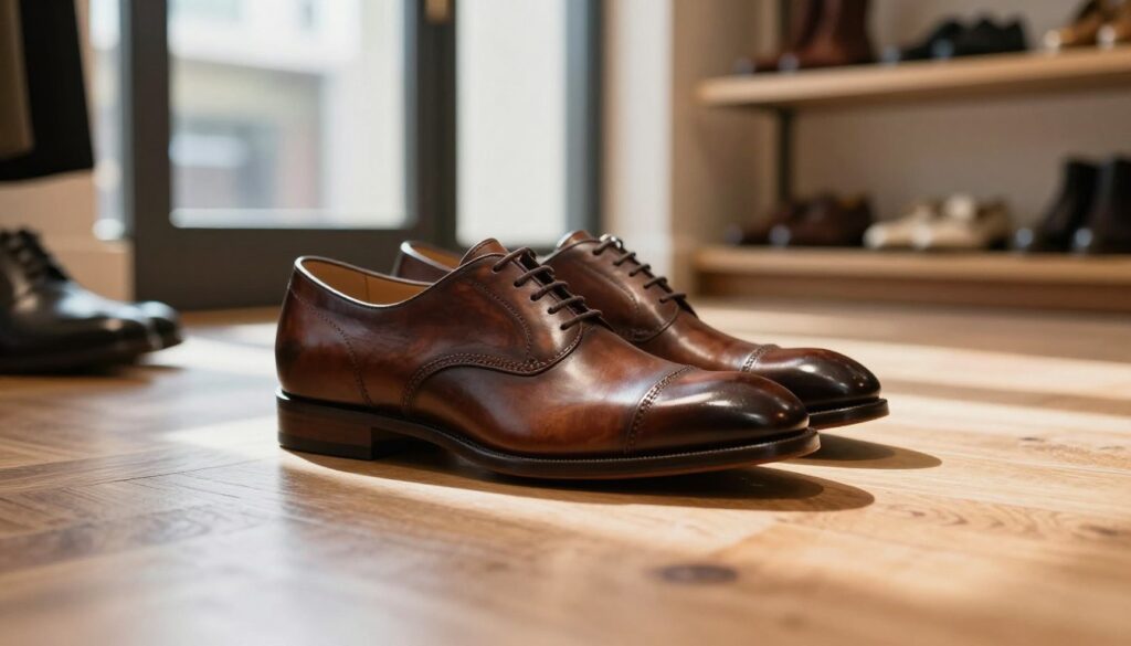 A close-up view of distinctive Lloyd shoes on a polished wooden floor, highlighting their classic craftsmanship. The shoes feature elegant leather with rich textures and subtle stitch detailing, embodying sophistication and quality. In the mid-ground, soft, natural light filters through a large window, casting gentle shadows on the floor, creating an inviting atmosphere. In the background, out-of-focus elements suggest a stylish boutique setting, with wooden shelves displaying various shoe styles and accessories. The perspective is slightly angled, emphasizing the shoes while still providing context. This image should convey a sense of timeless elegance and the brand's commitment to superior craftsmanship and design. A close-up view of distinctive Lloyd shoes on a polished wooden floor, highlighting their classic craftsmanship. The shoes feature elegant leather with rich textures and subtle stitch detailing, embodying sophistication and quality. In the mid-ground, soft, natural light filters through a large window, casting gentle shadows on the floor, creating an inviting atmosphere. In the background, out-of-focus elements suggest a stylish boutique setting, with wooden shelves displaying various shoe styles and accessories. The perspective is slightly angled, emphasizing the shoes while still providing context. This image should convey a sense of timeless elegance and the brand's commitment to superior craftsmanship and design.
