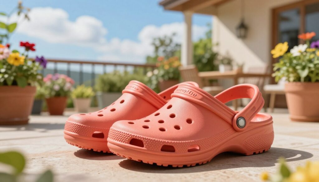 A cozy and inviting scene featuring a pair of stylish, comfortable clogs similar to Crocs, placed prominently in the foreground. The clogs are displayed in a vibrant coral color, showcasing their unique texture and breathable design. In the middle ground, a cheerful, sunlit outdoor patio is visible, adorned with colorful potted flowers and greenery, conveying a relaxed summer vibe. The background includes a brilliant blue sky with fluffy white clouds, enhancing the cheerful atmosphere. Soft, natural lighting highlights the clogs and the surrounding environment, creating warm shadows. The angle should be slightly elevated, providing a clear view of the clogs while capturing the beauty of the setting, evoking a sense of effortless style and comfort for casual wear. A cozy and inviting scene featuring a pair of stylish, comfortable clogs similar to Crocs, placed prominently in the foreground. The clogs are displayed in a vibrant coral color, showcasing their unique texture and breathable design. In the middle ground, a cheerful, sunlit outdoor patio is visible, adorned with colorful potted flowers and greenery, conveying a relaxed summer vibe. The background includes a brilliant blue sky with fluffy white clouds, enhancing the cheerful atmosphere. Soft, natural lighting highlights the clogs and the surrounding environment, creating warm shadows. The angle should be slightly elevated, providing a clear view of the clogs while capturing the beauty of the setting, evoking a sense of effortless style and comfort for casual wear.