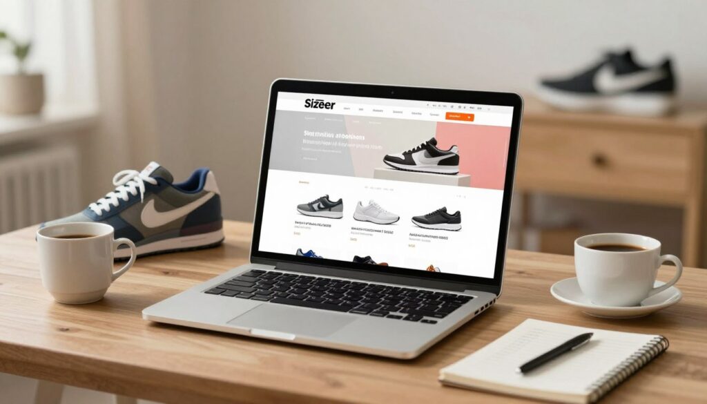 A cozy and modern online shopping scene featuring a stylish laptop displaying a vibrant Sizeer website interface with various brand shoes in different sizes. The foreground includes a comfortable workspace with a coffee cup and a notepad with size measurements. In the middle, showcase the laptop prominently, surrounded by a few popular sneaker models displayed artistically on the desk. In the background, a softly blurred environment suggests a chic, minimalist home decor, with warm lighting illuminating the scene. The overall mood is inviting and focused, evoking a sense of ease and convenience in online shopping for footwear. The lens perspective captures the scene at eye level, reflecting a realistic shopping experience. A cozy and modern online shopping scene featuring a stylish laptop displaying a vibrant Sizeer website interface with various brand shoes in different sizes. The foreground includes a comfortable workspace with a coffee cup and a notepad with size measurements. In the middle, showcase the laptop prominently, surrounded by a few popular sneaker models displayed artistically on the desk. In the background, a softly blurred environment suggests a chic, minimalist home decor, with warm lighting illuminating the scene. The overall mood is inviting and focused, evoking a sense of ease and convenience in online shopping for footwear. The lens perspective captures the scene at eye level, reflecting a realistic shopping experience.