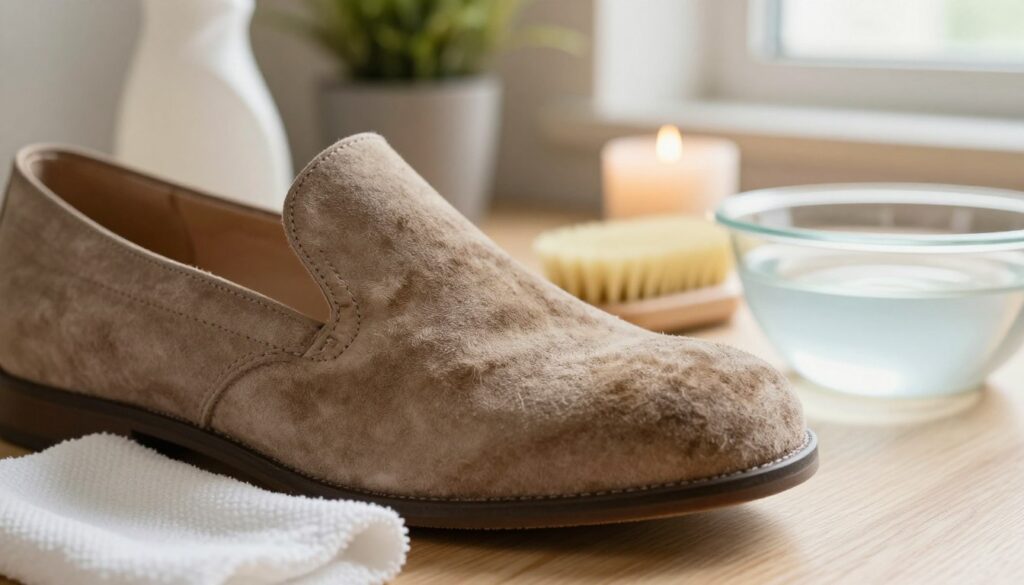 A cozy home setting featuring a close-up of a suede shoe with visible stains, surrounded by several household cleaning items like a soft brush, white cloth, and a bowl of water. The background shows a warm, inviting atmosphere, possibly with natural light filtering in from a nearby window, highlighting the texture of the suede. The focus should be on the shoe's fabric, showcasing a detailed close-up of the stain against the soft, luxurious surface. Include subtle elements like a potted plant or a candle in the background to enhance the comforting ambiance. The overall mood should convey a sense of home remedy and care, emphasizing a practical and clean approach to suede maintenance.