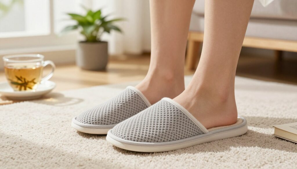 A cozy, inviting indoor scene featuring a pair of stylish, comfortable slippers designed to minimize foot sweating. In the foreground, focus on the slippers placed on a soft, textured rug, showcasing their breathable materials like cotton and mesh. In the middle, a gently lit room with a wooden floor and a potted plant in the background, suggesting a relaxed atmosphere. Soft, natural light streams in through a window, casting gentle shadows, creating a calm and serene vibe. Elements like a cup of herbal tea and a small book nearby enhance the feeling of comfort. The composition should evoke a sense of relaxation and care, emphasizing the importance of maintaining comfort while wearing slippers during warm weather.
