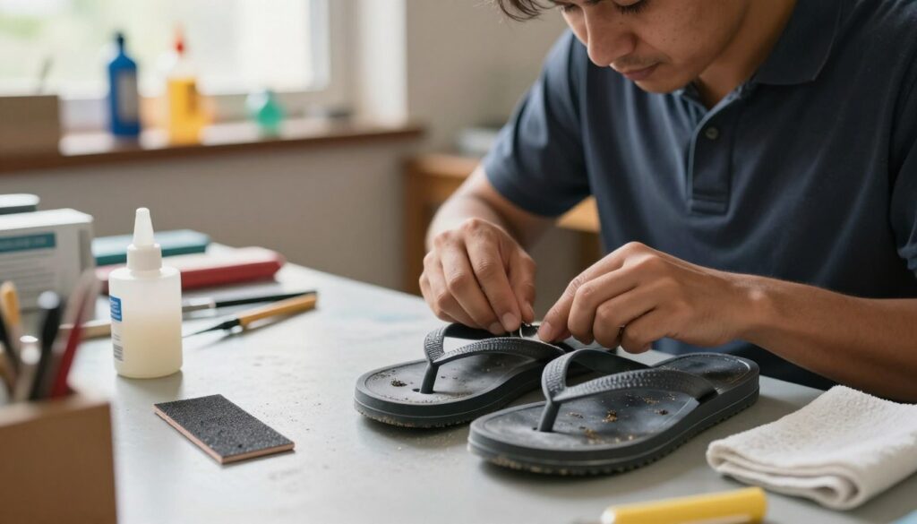 A detailed image showing the preparation of rubber flip-flops for adhesive application. In the foreground, a pair of rubber flip-flops resting on a workbench, with visibly scuffed areas being carefully sanded. Nearby, a small container of adhesive, tools like a cloth, and a fine-grit sandpaper are scattered around. In the middle, a focused worker wearing modest casual clothing is seen skillfully prepping the surface, with an expression of concentration. The background features a well-lit workshop environment, with shelves of different adhesives and tools, and soft sunlight filtering through a window, creating a warm and inviting atmosphere. The overall mood should be professional and methodical, reflecting a hands-on approach to ensuring a strong bond.