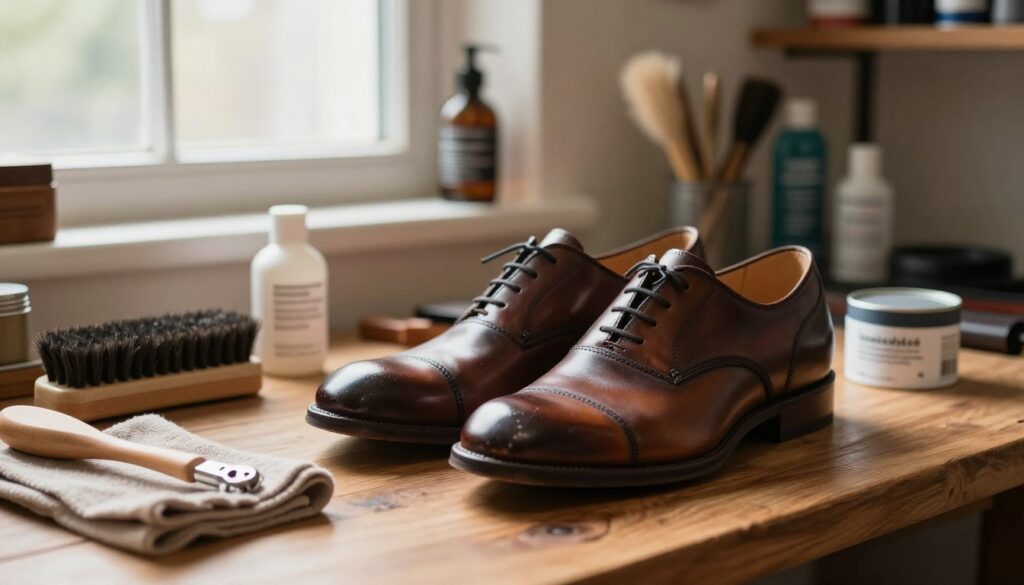 A detailed scene showcasing the preparation of leather shoes for conditioning. In the foreground, a pair of classic leather shoes sits on a wooden workbench, their surfaces polished yet slightly dull. Tools like a shoe brush, cloth, and a tin of leather conditioner are neatly arranged beside them. In the middle background, soft natural light streams through a nearby window, creating gentle reflections on the shoes. The background features a textured wall with shelves holding various shoe care products and brushes. The atmosphere is warm and inviting, evoking a sense of craftsmanship and care. The composition captures a close-up angle, emphasizing the shoes and tools while incorporating the serene workspace. A detailed scene showcasing the preparation of leather shoes for conditioning. In the foreground, a pair of classic leather shoes sits on a wooden workbench, their surfaces polished yet slightly dull. Tools like a shoe brush, cloth, and a tin of leather conditioner are neatly arranged beside them. In the middle background, soft natural light streams through a nearby window, creating gentle reflections on the shoes. The background features a textured wall with shelves holding various shoe care products and brushes. The atmosphere is warm and inviting, evoking a sense of craftsmanship and care. The composition captures a close-up angle, emphasizing the shoes and tools while incorporating the serene workspace.