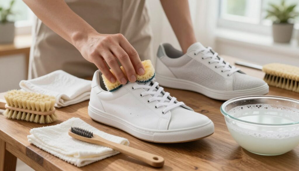 A detailed scene showcasing the process of cleaning white shoes made from various materials—canvas, leather, and mesh. In the foreground, a pair of clean and unblemished white sneakers rests on a wooden table, surrounded by cleaning supplies such as brushes, soft cloths, and a bowl of soapy water. In the middle ground, a hand with a sponge gently scrubs one sneaker while a second shoe demonstrates the before-and-after effect. The background features a cozy, well-lit room with natural light streaming in through a window, highlighting the textures of the materials and creating a warm, inviting atmosphere. The focus is on the details of the cleaning process, emphasizing care and restoration techniques without any distractions.