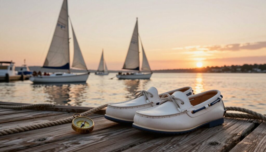 A detailed, serene nautical scene illustrating the maritime roots of the Nautica brand. In the foreground, a pair of elegant boat shoes rests on a weathered wooden dock, surrounded by soft ropes and a vintage compass, reflecting classic nautical style. The middle ground features a calm harbor, with a few sailboats gently swaying on water, their sails billowing in a soft breeze. The background captures a stunning sunset over the horizon, casting warm golden and orange hues across the sky. The atmosphere is tranquil and reminiscent of seaside adventures, evoking sentiments of exploration and a love for the ocean. The lighting is soft and warm, highlighting the texture of the dock and the shoes, while creating a welcoming, nostalgic mood.