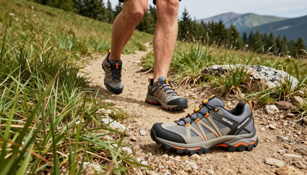 A dynamic display of Iguana sports and trekking shoes designed for adventure. The foreground features a pair of stylish, durable Iguana shoes with a sleek design, showcasing their unique texture and vibrant colors suitable for outdoor use. In the middle ground, display a rugged trail or grassy field that emphasizes a sense of exploration and movement, while depicting a person casually dressed in appropriate outdoor attire, demonstrating the shoes in action—perhaps climbing a small hill or navigating rocky terrain. In the background, hint at distant mountains or a lush forest, capturing the essence of nature. Utilize bright, natural lighting to create an invigorating, uplifting mood, with a slightly wide-angle view to enhance the shoes’ presence in an adventurous setting. A dynamic display of Iguana sports and trekking shoes designed for adventure. The foreground features a pair of stylish, durable Iguana shoes with a sleek design, showcasing their unique texture and vibrant colors suitable for outdoor use. In the middle ground, display a rugged trail or grassy field that emphasizes a sense of exploration and movement, while depicting a person casually dressed in appropriate outdoor attire, demonstrating the shoes in action—perhaps climbing a small hill or navigating rocky terrain. In the background, hint at distant mountains or a lush forest, capturing the essence of nature. Utilize bright, natural lighting to create an invigorating, uplifting mood, with a slightly wide-angle view to enhance the shoes’ presence in an adventurous setting.
