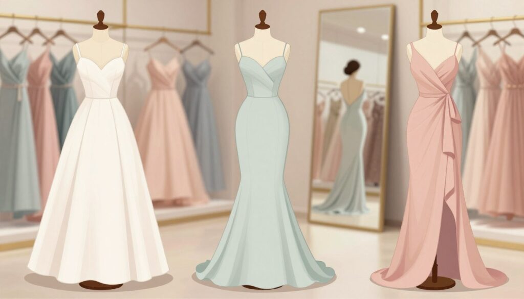 A fashion illustration showcasing various dress silhouettes tailored to different body types for a prom. In the foreground, display three diverse dress designs: a classic A-line dress, a fitted mermaid gown, and a chic wrap dress, each on elegant mannequins. The middle layer features soft, flowing fabric drapes and a color palette of pastel shades, symbolizing elegance and comfort. The background should have a softly lit boutique setting, with hangers displaying additional dresses and a full-length mirror reflecting the scene. Use natural lighting to create a warm, inviting atmosphere, emphasizing the beauty of the designs while maintaining a professional look. The composition should evoke a sense of sophistication, style, and contemporary fashion trends.