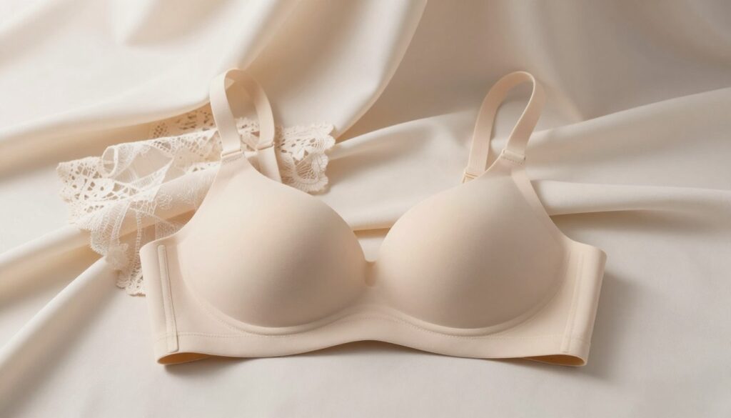 A minimalistic and elegant display of a strapless backless bra, artistically arranged on a soft, flowing fabric background in a neutral tone. The foreground features the bra prominently, highlighting its smooth lines and innovative design without visible straps. In the middle ground, delicate lace and sheer materials add texture, suggesting a sophisticated accessory for evening wear. The background softly fades, drawing attention to the item itself while maintaining an air of elegance. Soft, diffused lighting bathes the scene, creating gentle shadows and a warm atmosphere, evoking a sense of refinement. The composition should be clean and professional, ideal for a fashion editorial presentation.