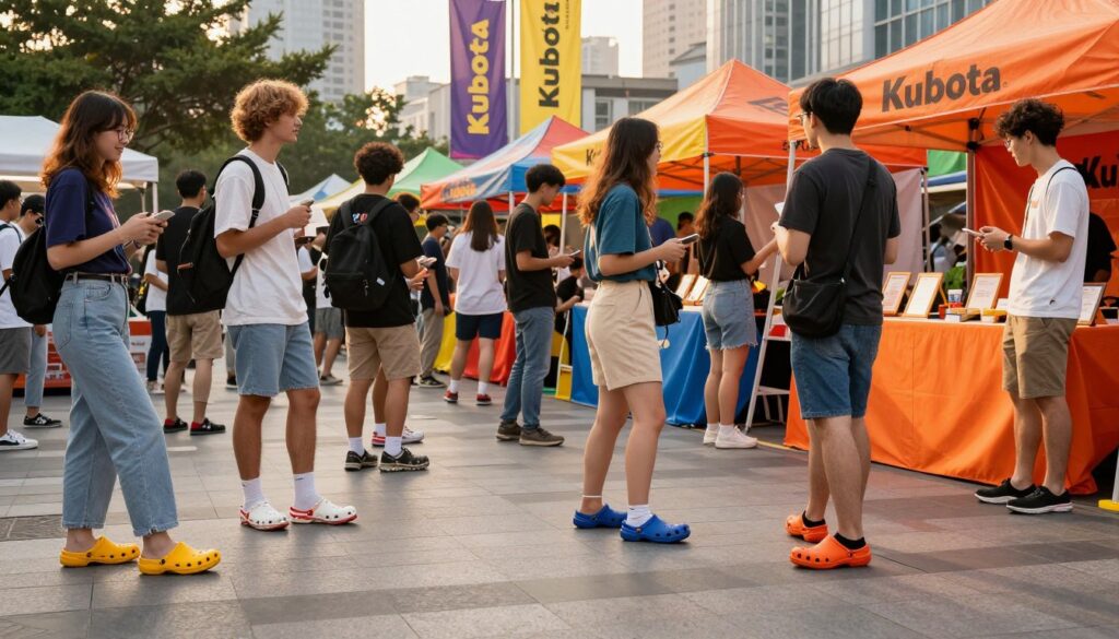 A modern scene showcasing the resurgence of the Kubota brand, featuring a stylish display of iconic Kubota clogs in vivid colors, set against a backdrop of urban life. In the foreground, a diverse group of young adults, dressed in casual yet fashionable attire, are engaged in various activities while wearing the clogs, radiating a sense of trendiness and community. The middle section includes a vibrant street market with colorful banners promoting the Kubota brand, highlighting its cultural significance. In the background, hints of a bustling city skyline under warm, golden hour lighting create an inviting atmosphere. The composition captures a lively and positive vibe, emphasizing the contemporary popularity and cultural revival of Kubota footwear. A modern scene showcasing the resurgence of the Kubota brand, featuring a stylish display of iconic Kubota clogs in vivid colors, set against a backdrop of urban life. In the foreground, a diverse group of young adults, dressed in casual yet fashionable attire, are engaged in various activities while wearing the clogs, radiating a sense of trendiness and community. The middle section includes a vibrant street market with colorful banners promoting the Kubota brand, highlighting its cultural significance. In the background, hints of a bustling city skyline under warm, golden hour lighting create an inviting atmosphere. The composition captures a lively and positive vibe, emphasizing the contemporary popularity and cultural revival of Kubota footwear.