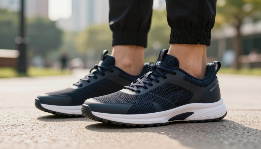 A pair of men's sports shoes by DK designed for everyday wear, prominently displayed in the foreground. The shoes feature a sleek, modern design with a combination of breathable mesh and sturdy rubber materials, highlighting their functionality and style. The middle ground includes a subtle hint of an urban environment, such as a park or city street, with blurred greenery and softly-lit buildings to evoke an active lifestyle. The background showcases a soft-focus atmosphere, enhancing the shoes' appeal. The lighting is bright yet warm, simulating a sunny day, while the angle captures the shoes slightly from the side, emphasizing their silhouette. The overall mood is energetic and practical, appealing to active individuals seeking comfortable footwear.