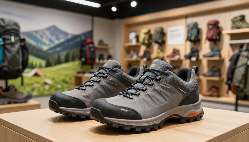 A pair of men's trekking softshell shoes prominently displayed in the foreground, emphasizing their sleek design and rugged features. The shoes should have a textured upper, reinforced toe caps, and grippy soles, suitable for outdoor adventures. In the middle ground, a well-organized outdoor gear store can be seen, showcasing various hiking equipment and footwear, with warm, inviting lighting. The background features a lush green landscape depicting a serene mountain setting, hinting at the shoes’ intended use. The atmosphere conveys an adventurous spirit and readiness for exploration, with soft natural lighting illuminating the scene, captured from a slightly elevated angle to display depth and detail.