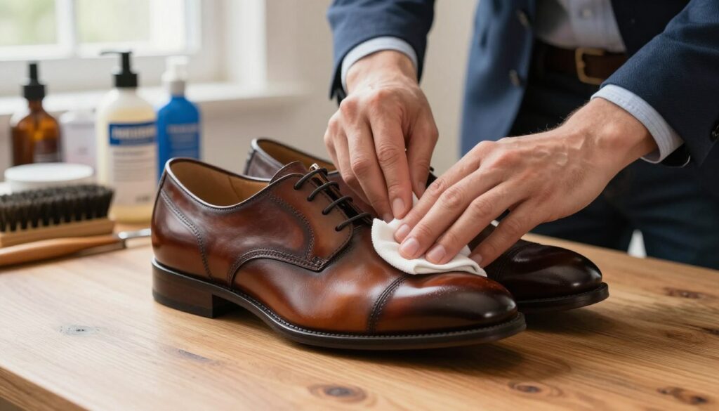 A pair of polished, high-quality leather shoes is placed on a wooden table, with a focus on the shoe being cleaned. A person, dressed in smart casual attire, gently applies a premium shoe cleaning product using a soft cloth on the shoe's surface. The scene is well-lit, showcasing the rich texture of the leather and the shine being restored. In the background, a neatly organized array of shoe cleaning supplies, such as brushes and bottles of cream, hints at the tools of the trade, while a soft, natural light filters in through a nearby window, creating a warm and inviting atmosphere. The image captures a sense of care and attention to detail in maintaining leather footwear.