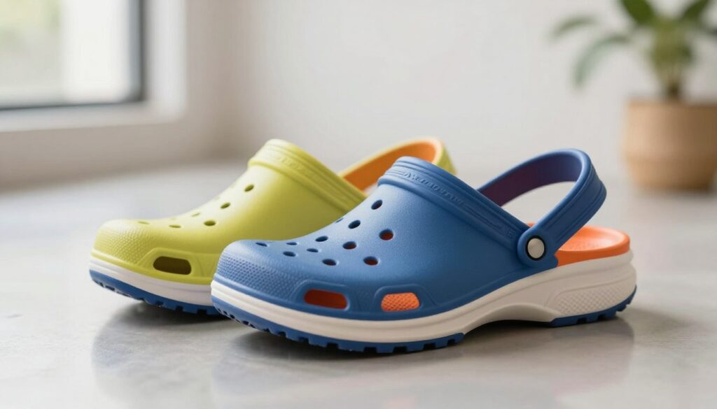 A pair of stylish Bayaband clogs in a sporty design, featuring a unique blend of vibrant colors and a contemporary silhouette. The foreground captures the clogs positioned on a smooth, reflective surface, showcasing their details like ventilation holes, a cushioned footbed, and textured outsole. In the middle ground, introduce subtle hints of a casual, active lifestyle, like a modern, minimalistic setting with soft, natural light filtering in, illuminating the design features. The background should be softly blurred, emphasizing the shoes without distraction. Capture a bright and lively atmosphere, evoking feelings of comfort and versatility, perfect for both relaxation and casual outings. A pair of stylish Bayaband clogs in a sporty design, featuring a unique blend of vibrant colors and a contemporary silhouette. The foreground captures the clogs positioned on a smooth, reflective surface, showcasing their details like ventilation holes, a cushioned footbed, and textured outsole. In the middle ground, introduce subtle hints of a casual, active lifestyle, like a modern, minimalistic setting with soft, natural light filtering in, illuminating the design features. The background should be softly blurred, emphasizing the shoes without distraction. Capture a bright and lively atmosphere, evoking feelings of comfort and versatility, perfect for both relaxation and casual outings.