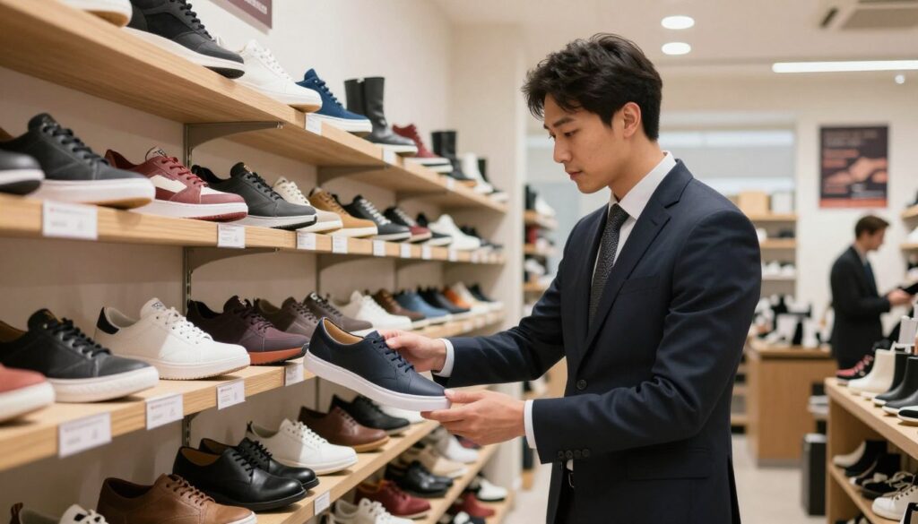 A professional scene displaying a well-organized shoe store that emphasizes authenticity and trust. In the foreground, a knowledgeable sales associate, dressed in smart business attire, is attentively assisting a customer, pointing out details on a pair of shoes to help distinguish between genuine and counterfeit products. The middle ground features stylish shelves filled with various shoe brands, all arranged neatly, showcasing labels and certificates of authenticity. In the background, a bright and inviting atmosphere with warm lighting highlights the store’s professionalism, while decorative elements like posters on the walls display tips for identifying genuine footwear. The overall mood is one of trust and assurance, encouraging informed decisions in shopping for sneakers and formal shoes.