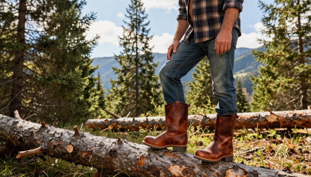 A scenic view of a lumberjack in a rustic forest setting, wearing stylish Lumberjack boots made of rich leather with a rugged texture. The lumberjack, a middle-aged man with a full beard, dressed in a classic plaid shirt and durable jeans, stands next to a fallen tree, inspecting the boots closely. The middle ground features lush green pine trees and scattered logs, emphasizing the connection to nature. Soft sunlight filters through the branches, casting a warm, inviting glow on the scene. The background shows a distant mountain range under a bright blue sky, creating a serene and authentic atmosphere of the lumberjack lifestyle. Focus on showcasing the boots and the lumberjack’s attire, highlighting the craftsmanship and heritage of the brand. A scenic view of a lumberjack in a rustic forest setting, wearing stylish Lumberjack boots made of rich leather with a rugged texture. The lumberjack, a middle-aged man with a full beard, dressed in a classic plaid shirt and durable jeans, stands next to a fallen tree, inspecting the boots closely. The middle ground features lush green pine trees and scattered logs, emphasizing the connection to nature. Soft sunlight filters through the branches, casting a warm, inviting glow on the scene. The background shows a distant mountain range under a bright blue sky, creating a serene and authentic atmosphere of the lumberjack lifestyle. Focus on showcasing the boots and the lumberjack’s attire, highlighting the craftsmanship and heritage of the brand.