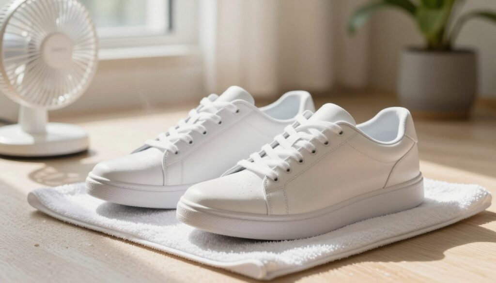 A serene indoor setting featuring a pair of clean white sneakers laid out on a soft, textured surface, with sunlight gently pouring in from a nearby window, creating warm highlights. The sneakers are strategically placed on a plush towel to absorb moisture, and a small fan is positioned nearby to aid in gentle air circulation. In the background, a subtle hint of houseplants adds freshness to the scene, emphasizing a caring, homey atmosphere. The focus is sharp on the sneakers, capturing their pristine appearance while the background is softly blurred to enhance depth. The overall mood is calm and natural, reflecting the process of drying shoes without discoloration or water stains.