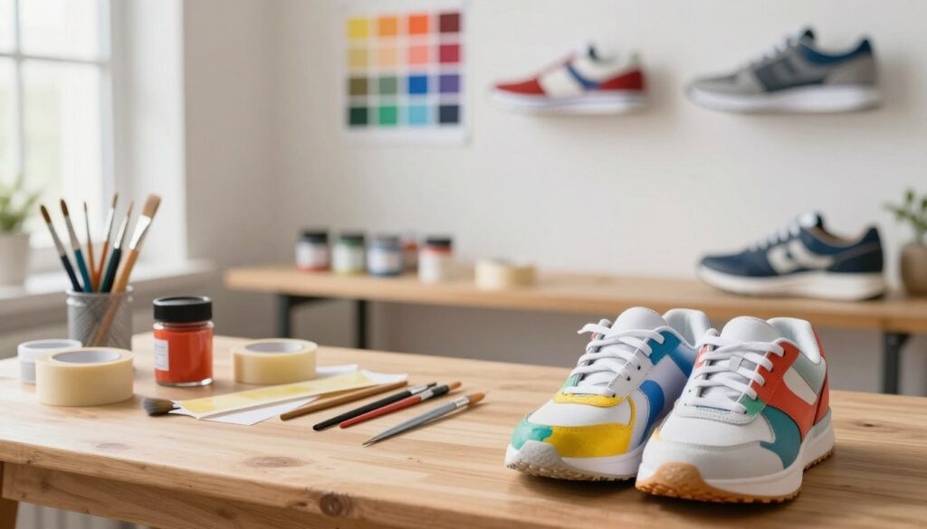 A step-by-step visual guide on painting shoes, showcasing a well-lit workspace. In the foreground, a pair of sneakers are propped up on a wooden table, partially painted in vibrant colors. The middle layer features an array of painting tools - brushes, paint containers, and masking tape neatly arranged. The background includes a clean wall with color swatches and finished shoes displayed for inspiration. Soft, diffused daylight streams through a nearby window, creating an inviting and instructional atmosphere. The overall mood is creative and informative, encouraging viewers to engage in the shoe painting process. Focus on clarity and detail, highlighting the transformation of the shoes.
