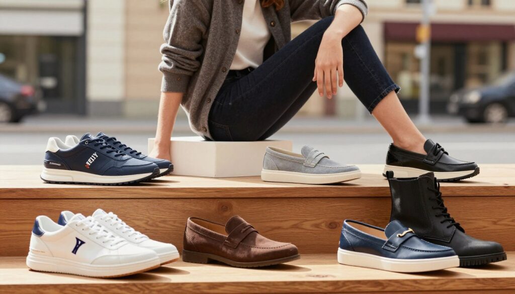 A stylish and modern image featuring a selection of Replay shoes suitable for everyday outfits. In the foreground, showcase a variety of Replay shoes, including sneakers, casual boots, and fashionable loafers, elegantly arranged on a wooden surface. The middle layer should include a well-dressed model, wearing a trendy yet modest outfit that complements the shoes, presenting a relaxed and confident pose. The background features a softly blurred urban setting with warm, natural light filtering through. Use a shallow depth of field to bring focus to the shoes and the outfit, creating an inviting and fashionable atmosphere that highlights the versatility of Replay footwear in casual styling. A stylish and modern image featuring a selection of Replay shoes suitable for everyday outfits. In the foreground, showcase a variety of Replay shoes, including sneakers, casual boots, and fashionable loafers, elegantly arranged on a wooden surface. The middle layer should include a well-dressed model, wearing a trendy yet modest outfit that complements the shoes, presenting a relaxed and confident pose. The background features a softly blurred urban setting with warm, natural light filtering through. Use a shallow depth of field to bring focus to the shoes and the outfit, creating an inviting and fashionable atmosphere that highlights the versatility of Replay footwear in casual styling.