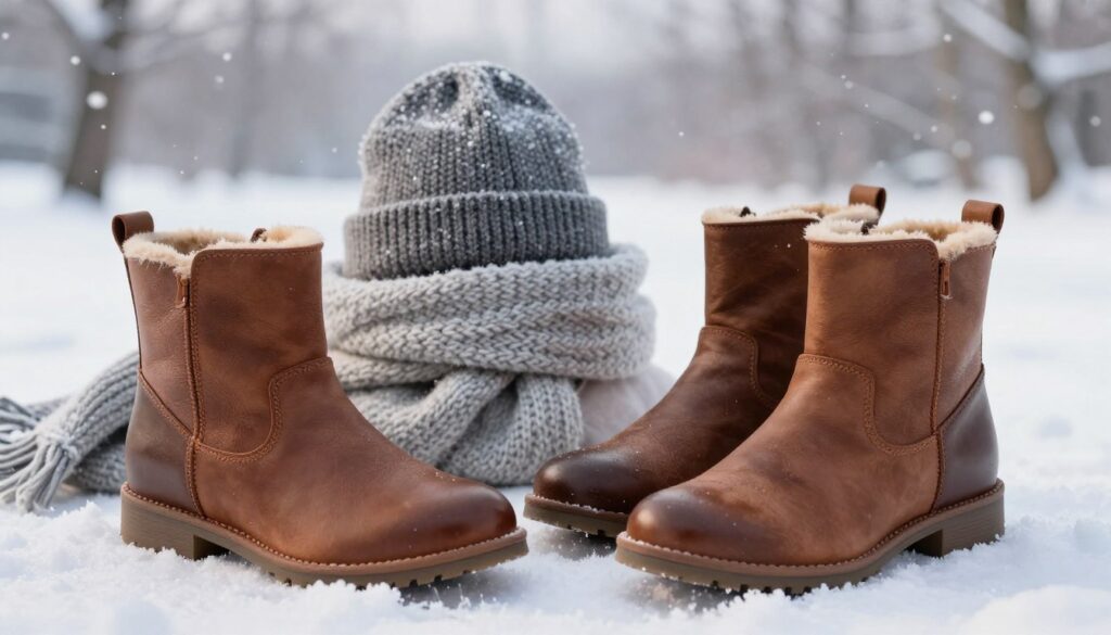 A stylish arrangement of Remonte ankle boots for cold days, prominently displayed in the foreground. The boots feature rich textures, showcasing a blend of leather and warm lining, with elegant stitching details. In the middle ground, a soft knitted scarf and a cozy wool hat complement the boots, suggesting a seasonal style. The background features a cool, softly blurred winter landscape, with softly falling snowflakes and bare trees, creating a serene atmosphere. The lighting is soft and diffused, resembling gentle daylight, highlighting the materials without harsh shadows. Capture this scene from a slightly elevated angle to give depth, conveying warmth and comfort, ideal for chilly weather fashion. No people should be present in the image.