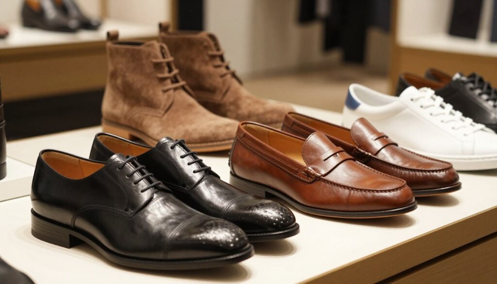 A stylish assortment of men's footwear from the Aldo brand, showcasing a variety of designs suitable for both everyday wear and formal occasions. In the foreground, highlight a pair of sleek leather oxford shoes in polished black and a casual yet elegant pair of brown loafers with subtle detailing. The middle ground features additional styles, including a versatile pair of suede desert boots and a trendy sneaker with clean lines. The background suggests a classy retail environment with soft lighting that enhances the textures of the shoes and casts gentle shadows. Use a warm color palette to evoke a sophisticated yet approachable mood. The image should be shot at eye level for clarity, ensuring the focus remains predominantly on the shoes without any distractions. A stylish assortment of men's footwear from the Aldo brand, showcasing a variety of designs suitable for both everyday wear and formal occasions. In the foreground, highlight a pair of sleek leather oxford shoes in polished black and a casual yet elegant pair of brown loafers with subtle detailing. The middle ground features additional styles, including a versatile pair of suede desert boots and a trendy sneaker with clean lines. The background suggests a classy retail environment with soft lighting that enhances the textures of the shoes and casts gentle shadows. Use a warm color palette to evoke a sophisticated yet approachable mood. The image should be shot at eye level for clarity, ensuring the focus remains predominantly on the shoes without any distractions.